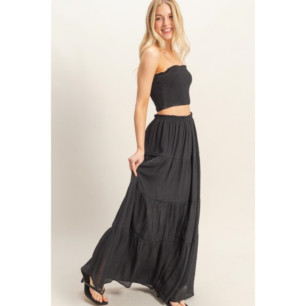 HYFVE Black  Smocked Crop Top & Tiered Rayon Blend Maxi Skirt 2-Piece Set - Picture 2 of 8